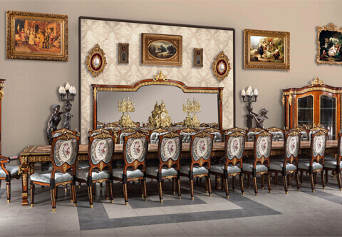 Louis XIV ormolu-mounted marquetry inlaid Grand Dining Room Set for large villa